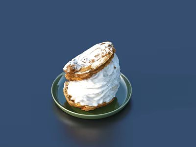 Cream Filled Pastry With White Frosting Topping On Green Plate Against Dark Blue Background 3d model
