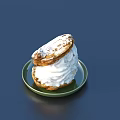 Cream Filled Pastry With White Frosting Topping On Green Plate Against Dark Blue Background