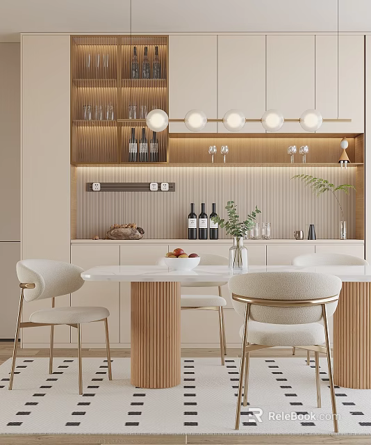 Elegant Modern Restaurant Interior With Open Kitchen Dining Table And Pendant Lights 3d model