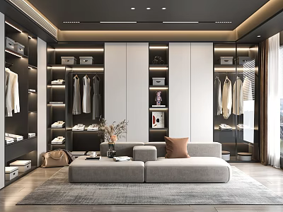 Modern Walk in Closet Interior Design with Cabinets Hanging Clothes Shoes Bags Sofa and Lighting 3d model