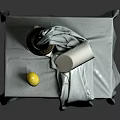 Still Life Interior With Gray Cloth Clay Pot White Cube Lemon And White Paper Roll