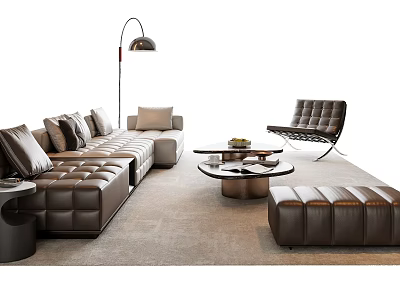 Elegant Modern Leather Sofa And Coffee Table Set With Accent Chair And Floor Lamp 3d model
