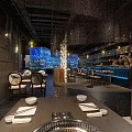 Elegant Restaurant Interior Featuring Large Blue Aquarium Wall And Modern Dining Seating 3d model