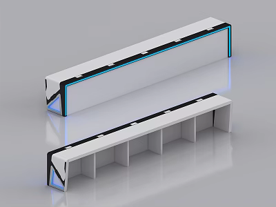 Modern Office Desk Design With White Surface Blue LED Strip And Open Storage Shelves 3d model
