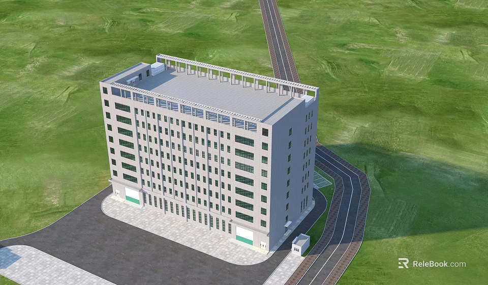 Aerial Planning View of Multi story White Building With Green Grass Road and Parking Area 3d model 