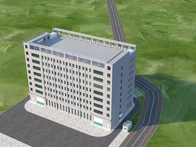 Aerial Planning View of Multi story White Building With Green Grass Road and Parking Area 3d model