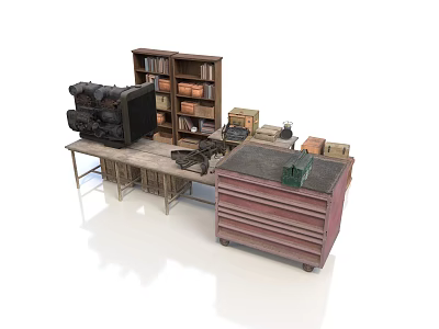 Vintage Workshop Setup With Workbench Tool Cabinet Bookshelf Old Typewriter And Wooden Crates 3d model