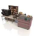 Vintage Workshop Setup With Workbench Tool Cabinet Bookshelf Old Typewriter And Wooden Crates