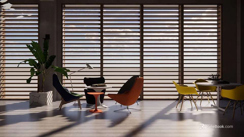 Modern Book Art Studio Interior With Colorful Chairs Wooden Blinds And Light Shadows 3d model 