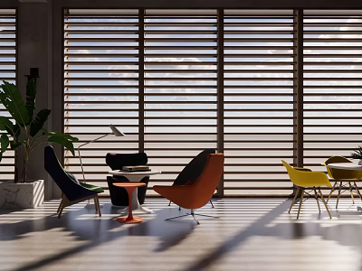 Modern Book Art Studio Interior With Colorful Chairs Wooden Blinds And Light Shadows 3d model