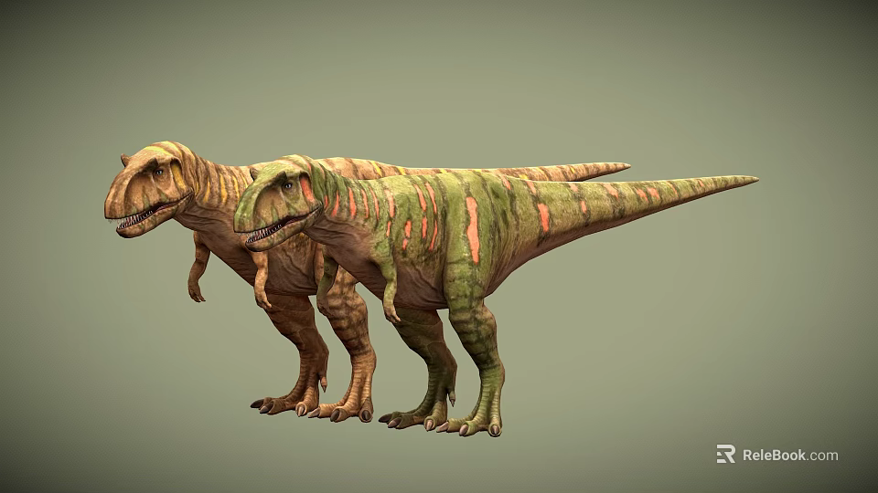 Green And Brown Striped Dinosaur Models In Standing Posture 3D Render 3d model 