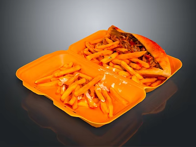 Appetizing Takeout Meal in Orange Container with Crispy Fries and Savory Wrap 3d model
