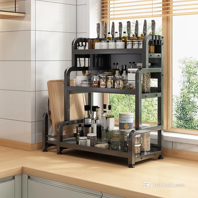 Multi tiered Metal Kitchen Shelf Unit Organizing Bottles Jars Near Window 3d model 