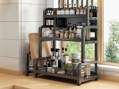 Multi tiered Metal Kitchen Shelf Unit Organizing Bottles Jars Near Window 3d model