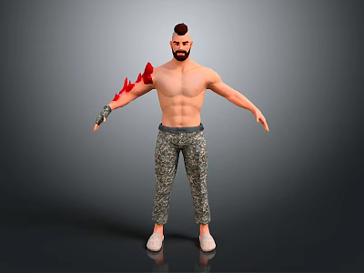 Shirtless Muscular Man With Flame Tattoo On Left Arm In Camouflage Pants And White Shoes 3d model