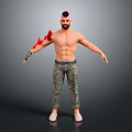 Shirtless Muscular Man With Flame Tattoo On Left Arm In Camouflage Pants And White Shoes