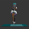 3D Character Model With Blue Green Hair And Black White Outfit On Blue Hexagonal Platform