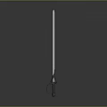 Long Metal Sword With Sharp Blade And Decorative Hilt Standing On Gray Background