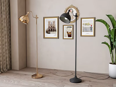 Gold And Black Floor Lamps In Living Room With Framed Pictures Curtains And Plant 3d model