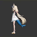 Anime Style Game Character With Cat Ears Long Hair Blue White Kimono And Short Skirt