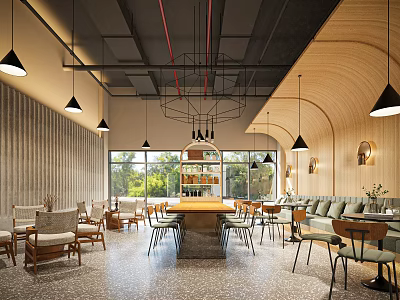 Modern Restaurant Interior With Wooden Walls Hanging Lights Dining Tables And Green Views 3d model