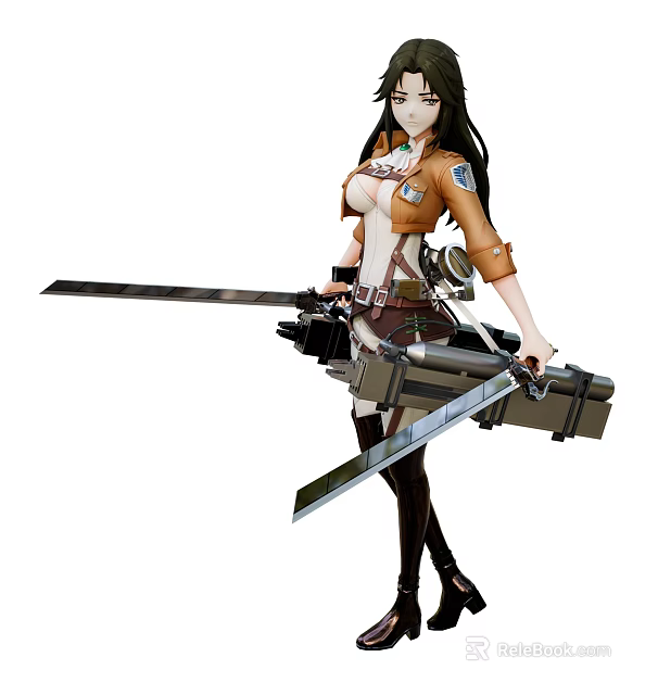 Female Game Character With Long Black Hair Brown Jacket Badge And Combat Swords 3d model 