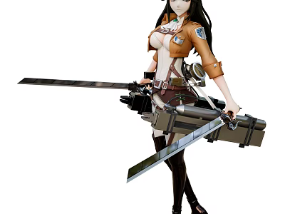 Female Game Character With Long Black Hair Brown Jacket Badge And Combat Swords 3d model