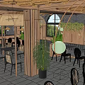 Cozy Restaurant Interior With Wooden Ceiling Round Pendant Lights Green Plants And Tables Chairs
