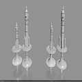 Three White Rocket Models With Blue Stripes And Red Logos On White Bases With Shadows
