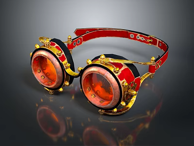 Vintage Steampunk Goggles With Red Strap Gold Accents And Copper Lenses 3d model