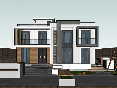 Modern Detached Villa Exterior Design With Large Windows Balcony And Wooden Accents 3d model