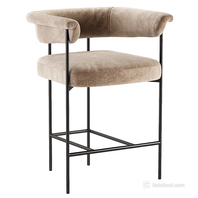 Modern Bar Stool With Beige Upholstered Seat Black Metal Frame And Armrest 3d model 