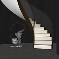 Modern Spiral Staircase With Golden Handrail Lit Steps Black Vertical Striped Wall And Silver Sculpture