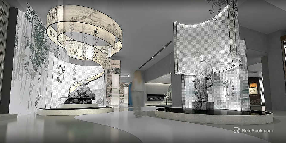 Chinese Museum Interior With Spiral Display Statues Textured Walls And Bamboo Elements 3d model 