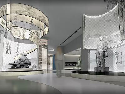 Chinese Museum Interior With Spiral Display Statues Textured Walls And Bamboo Elements 3d model