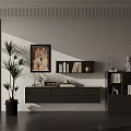 Modern Living Room Interior Featuring Black Chest of Drawers Painting Palm Plant and Bookshelf