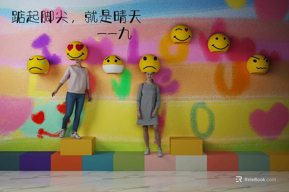 Colorful Graffiti Background Wall With Emoji Faces Text And Children On Steps 3d model 