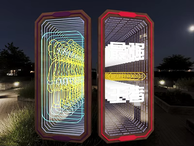 Large Mirrors with Colorful Frames and Neon Light Lines in Night with Trees and Lights 3d model