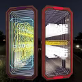 Large Mirrors with Colorful Frames and Neon Light Lines in Night with Trees and Lights
