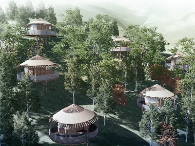 Forest Treehouse Lodges with Round Roofs Nestled Among Lush Green Trees 3d model