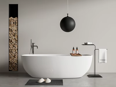 Modern Bathtub In Minimalist Bathroom With Towel Rack And Pendant Light 3d model