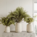 White Ribbed Ceramic Vases With Fresh Green Foliage On Indoor Stone Shelf