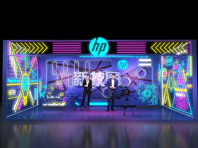HP Tech Live Stream Studio With Neon Lights Hosts And Futuristic Background 3d model