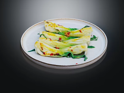 Steamed Bok Choy Slices with Red Chili Flakes on White Plate and Green Garnish 3d model