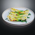 Steamed Bok Choy Slices with Red Chili Flakes on White Plate and Green Garnish