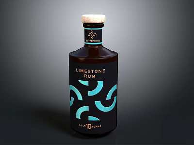 Limestone Rum Black Bottle With Blue Geometric Patterns And White Cap 3d model