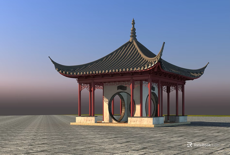 Traditional Chinese Pavilion With Black Tiled Roof Red Pillars And Circular Decorations Under Blue Sky 3d model 