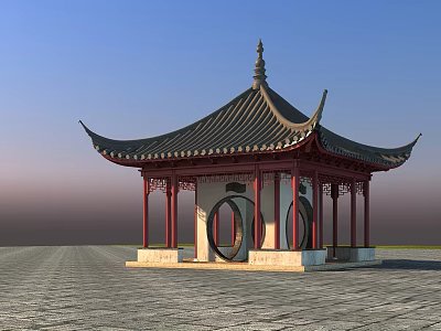 Traditional Chinese Pavilion With Black Tiled Roof Red Pillars And Circular Decorations Under Blue Sky 3d model