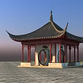 Traditional Chinese Pavilion With Black Tiled Roof Red Pillars And Circular Decorations Under Blue Sky