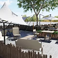 Outdoor Restaurant Seating Area With Trees Umbrella Stone Steps And Greenery